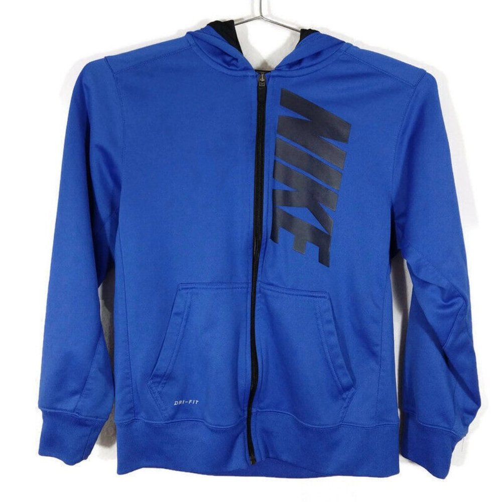 Nike Dri Fit Youth Full Zip Training Hooded Jacket Logo Spell out Blue Size L